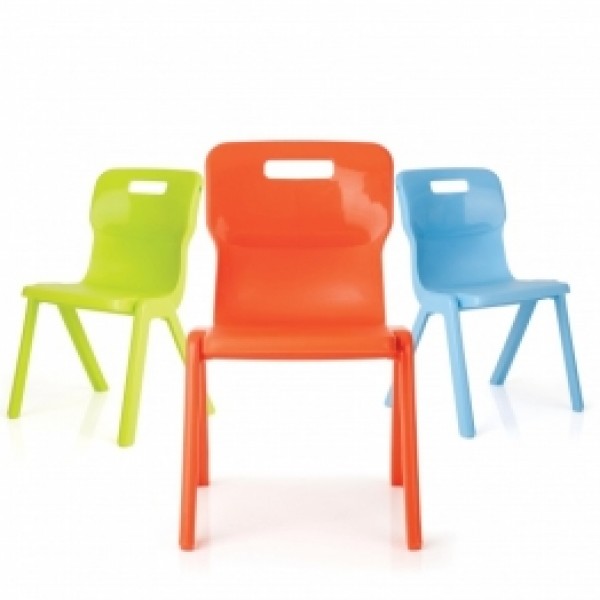Titan One Piece Stackable Plastic Classroom Chairs - Lime Green, Orange, Sky Blue